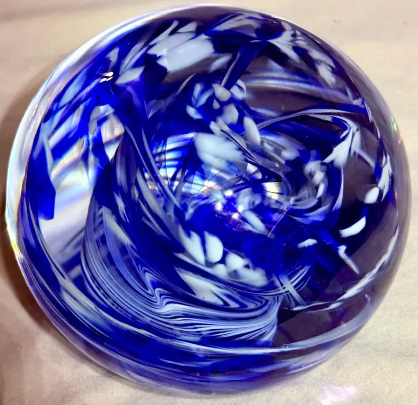 Cobalt Blue And White Swirl Art Glass Paperweight Glows