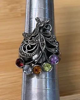 Vintage Sterling Silver 5 Gemstone Marcasite Peacock Ring