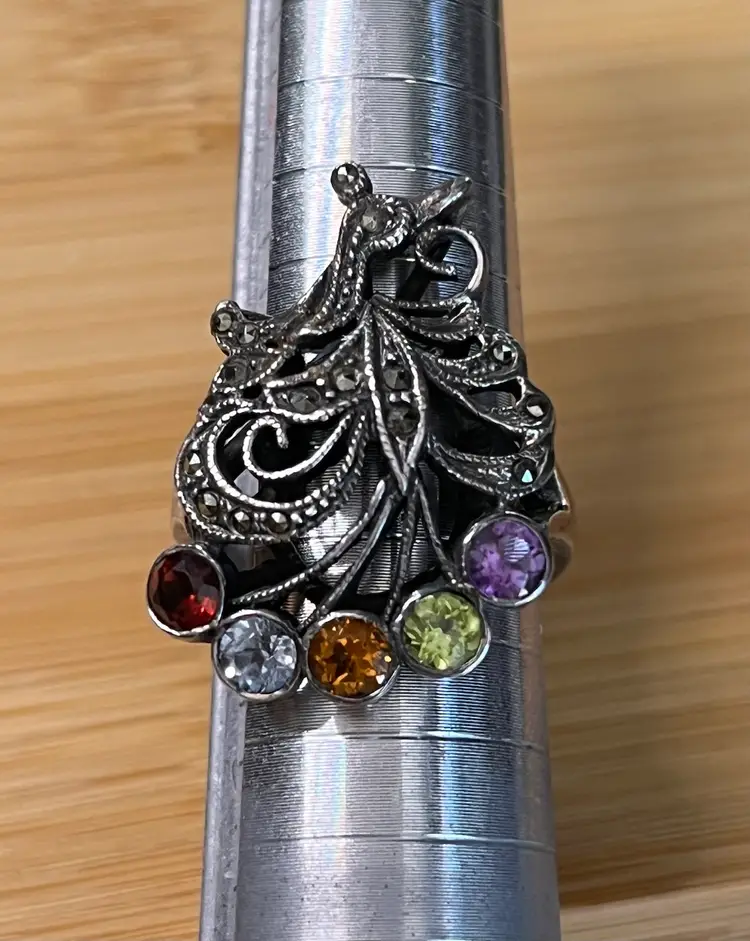 Vintage Sterling Silver 5 Gemstone Marcasite Peacock Ring