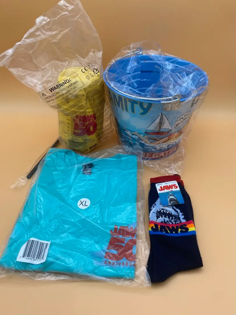 Jaws 50th Anniversary Bundle - Popcorn Bucket, Barrel Cup, XL T-Shirt & Socks