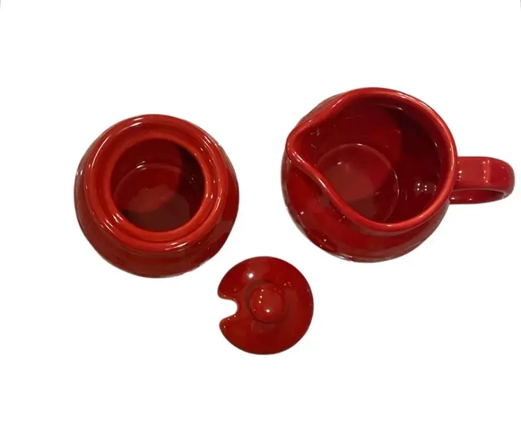 Longaberger Pottery Woven Traditions Tomato Red Creamer & Sugar Bowl w/ Lid Set