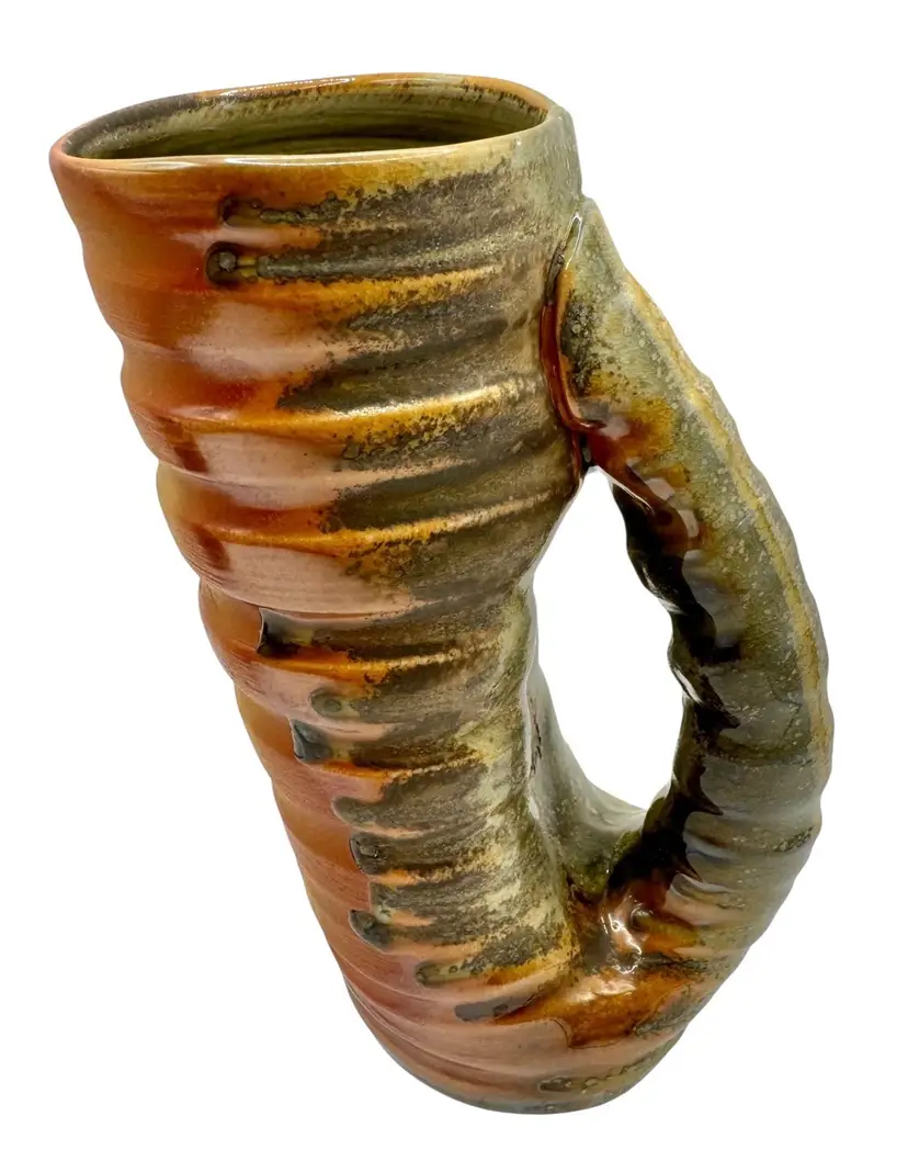 Handmade Studio Art Pottery Stein Mug Cup Handle Coil Horn Orange Beige 6.5”