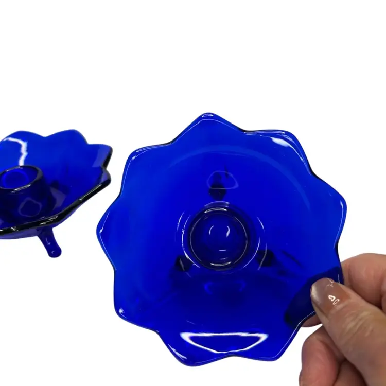 Pair Of Cobalt Blue Fenton 3 Footed Candle Holders @ 4 1/2x 2