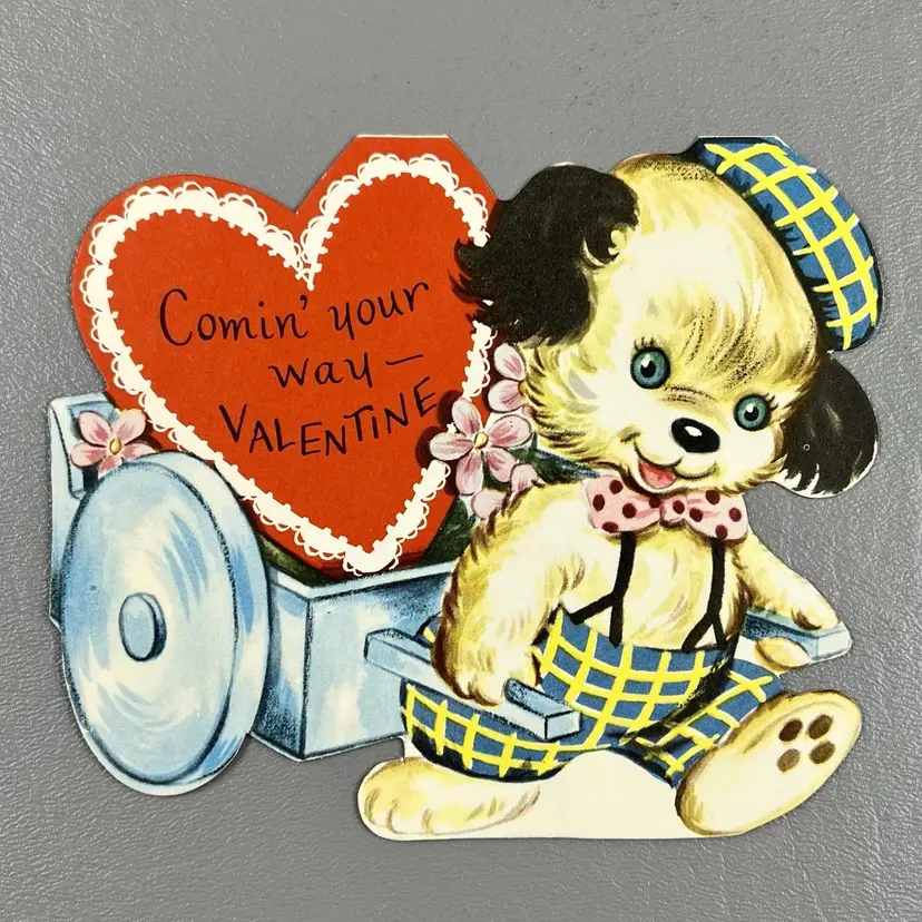 Vintage Whitman Die Cut Valentine Greeting Card Dog Puppy Wheelbarrow Comin' You 5.25"