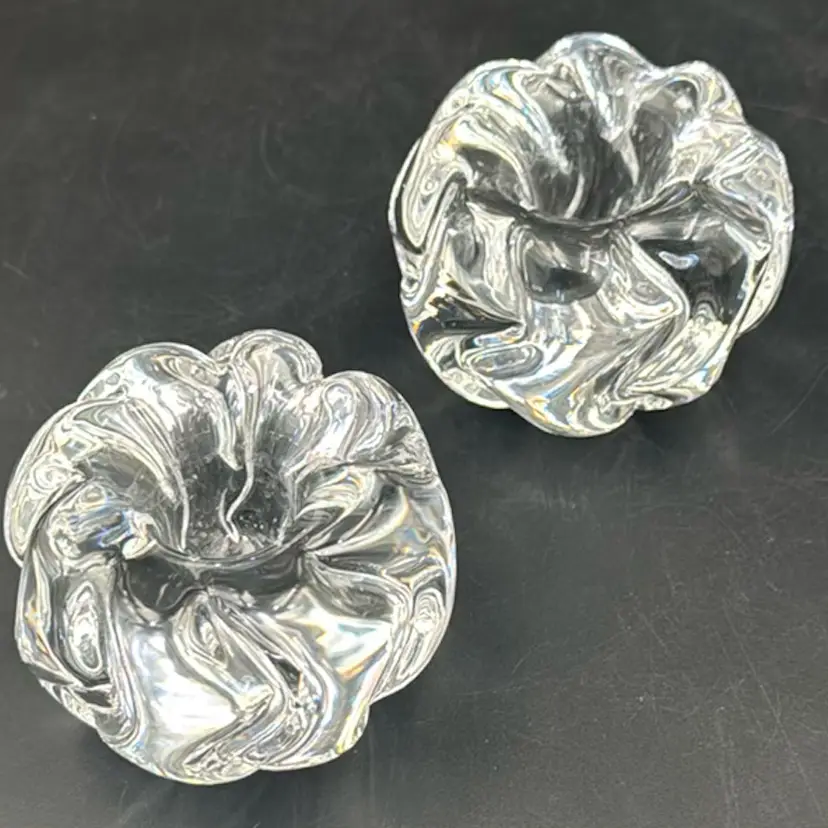 Daum France -pair Of Signed Crystal Candle Holders With A Organic Look Designed