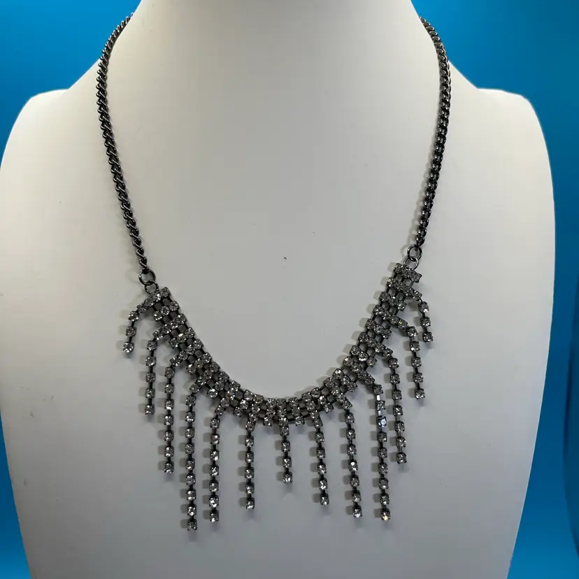 Rhinestone Waterfall Necklace, Gunmetal Chain, 16” Long