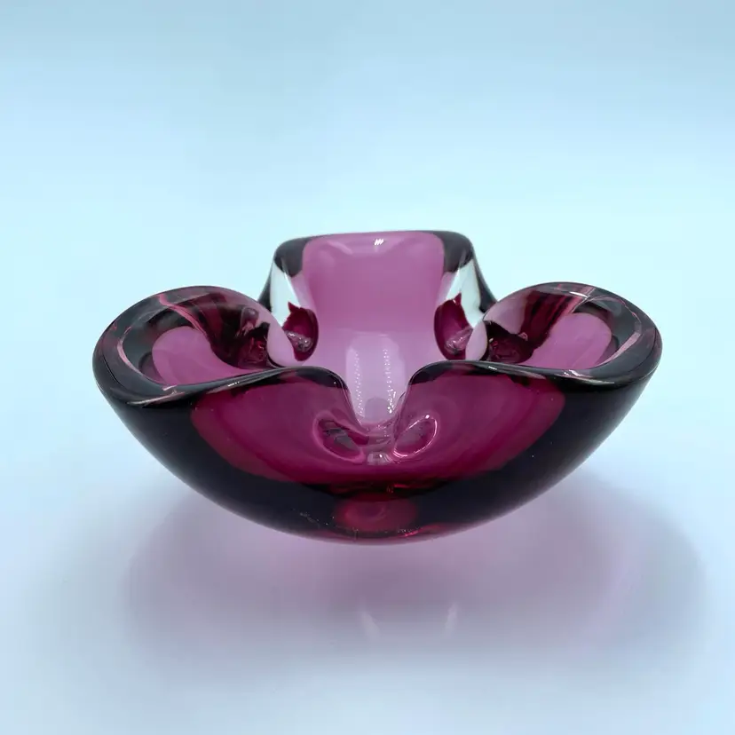 Murano Cranberry Pink Italian Glass Ashtray Bowl Trinket Dish Glows MCM