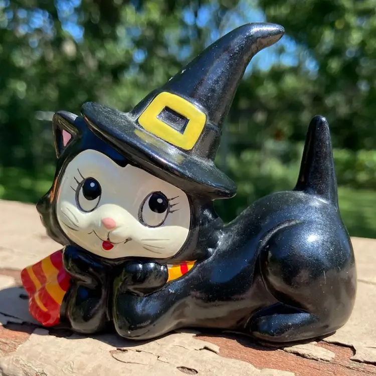 Lefton, Halloween, 2 Black Cats, Witch Hat, Scarf, Vintage Figurines. Two Figurines Of Original Set of Three, Sitting & Crouching. Rare.