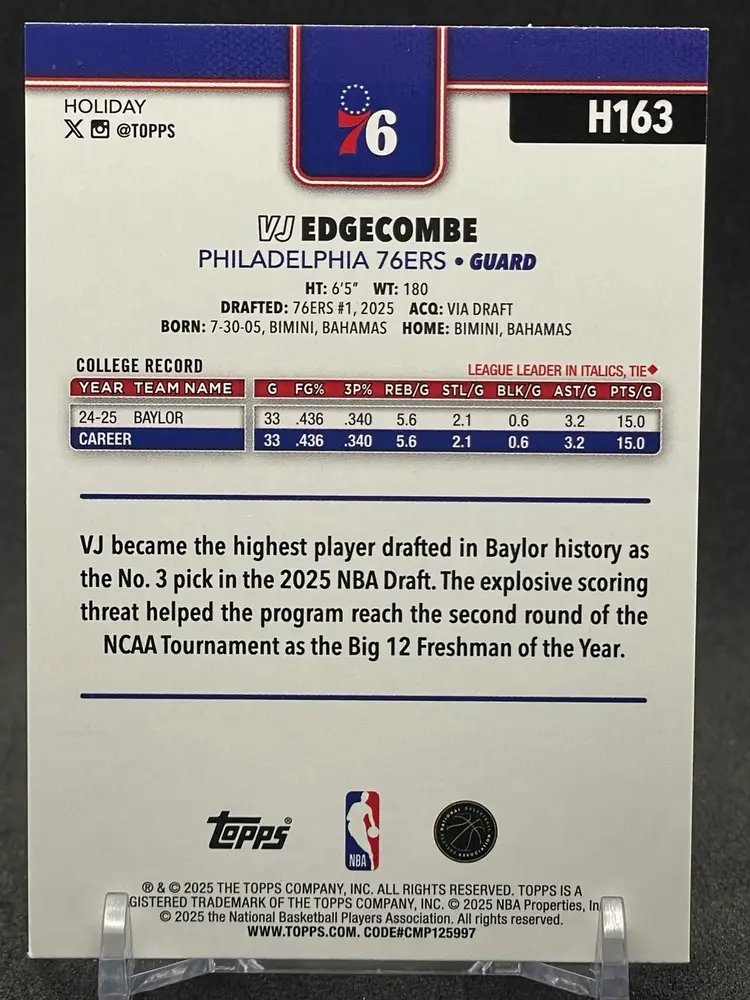#01 VJ Edgecombe 2025-26 Topps Holiday #H163 (RC)