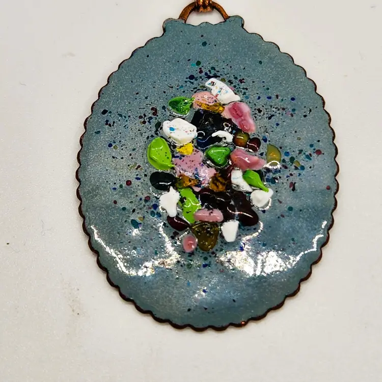 Large Copper Enamel Brooch Pin OOAK Bar w Medal Medallion Shape w Glass Frit Unmarked MCM w Box