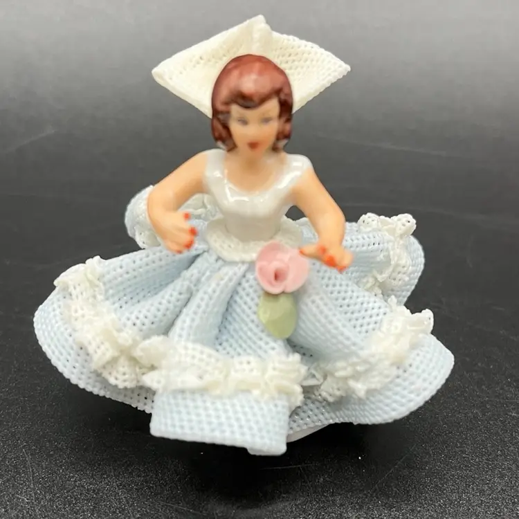 Blue Dresden Lace Porcelain Miniature Lady Germany 2” tall x 2”