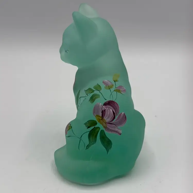 Fenton Green Frosted Glass Kitty Cat Hand Painted Flowers D. Robinson