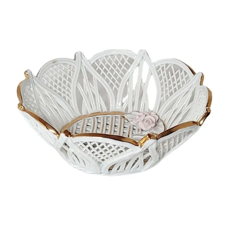 Vintage Porcelain Wicker Style Trinket Basket Floral With Gold Accent 2" x 4"