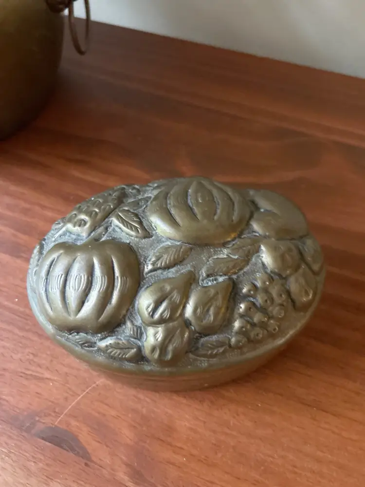 Vintage Brass Oval Fruit Embossed Box With Lid Decorative Trinket Box