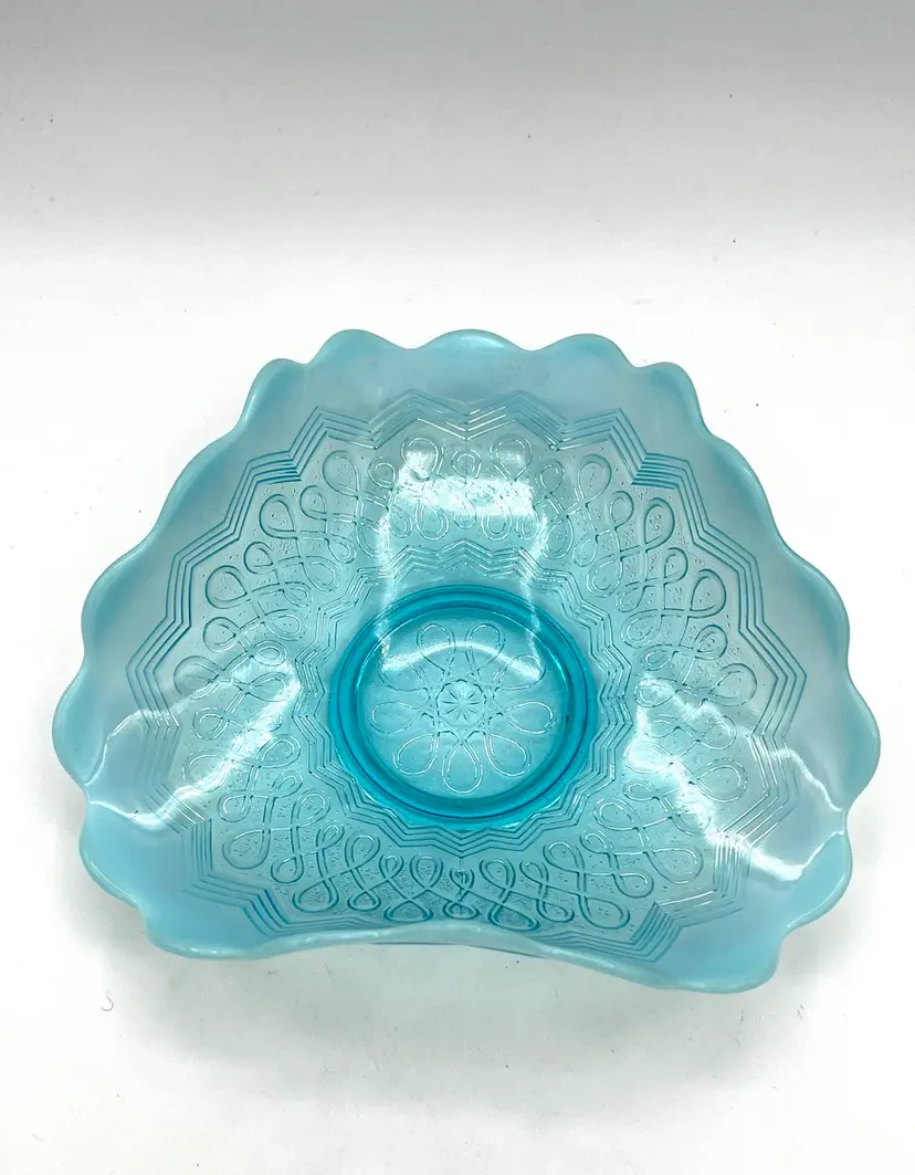 Antique Jefferson Blue Opalescent Glass Scalloped Bowl Early 1900s “Many Loops” Design Reduced Price!
