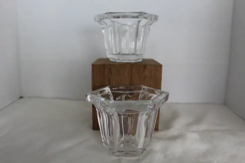 Pair Of Vintage 24% Lead Crystal 6 Sided Heavy Votive Candle Holders