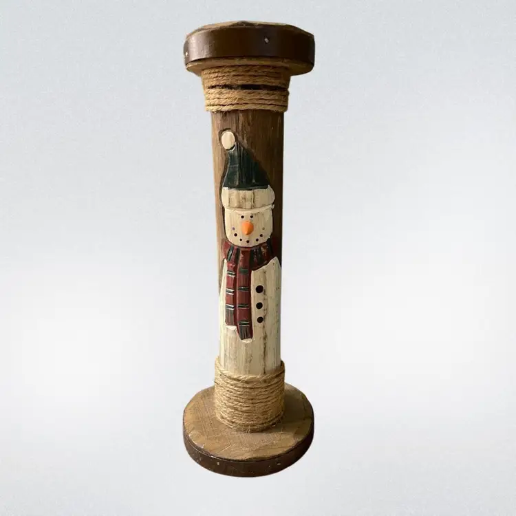 VTG Wooden Hand Carved Snowman Candle Holder Metal Rope Trim Hand Painted 9.5" H