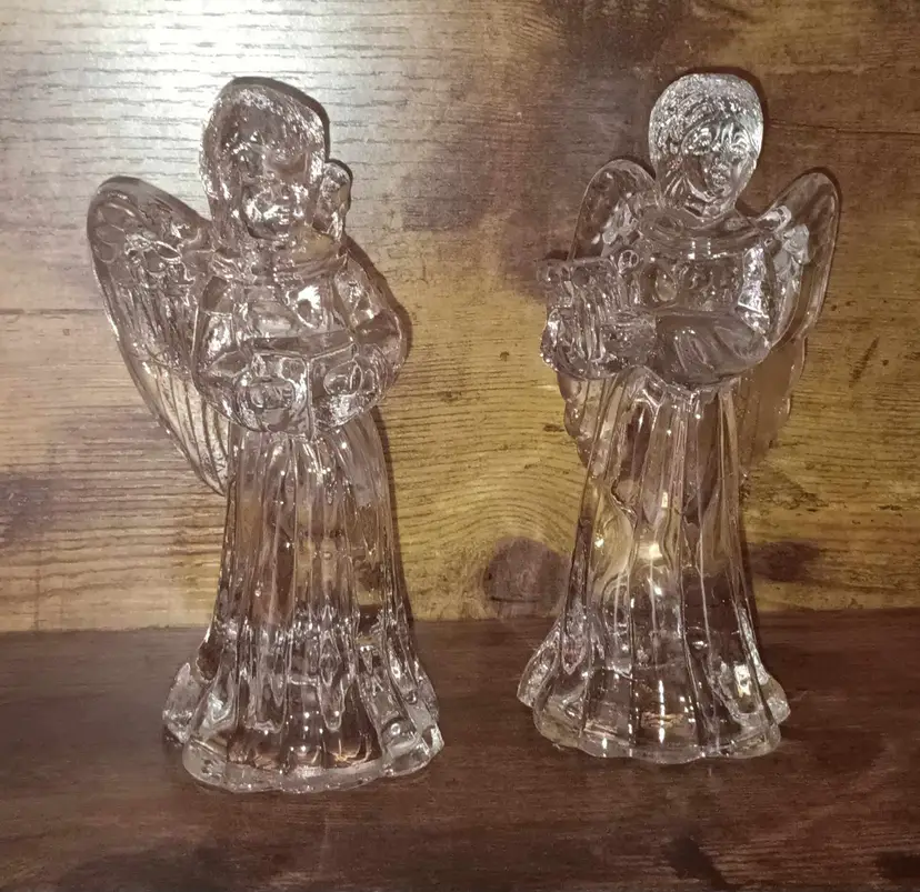 Set of 2 Crystal Glass Angel Candle Holders Unused