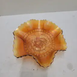 Vintage Antique Dugan Marigold Carnival Glass Ruffled Bowl 8.5" Tulip In Bottom