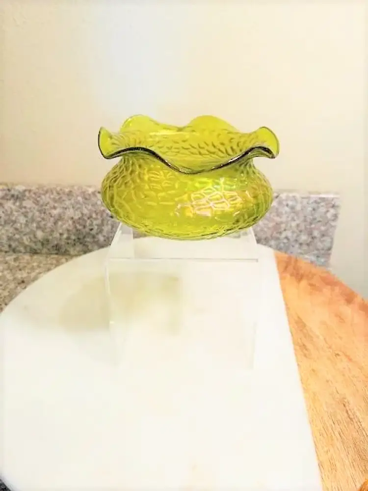 Antique Art Nouveau Kralik Martele Rigaree Green Iridescent Glass Bowl Dish 4 1/2" tall x 4 1/2" wide | Vintage Ruffled Rim Trinket Bowl Blown Glass Dish