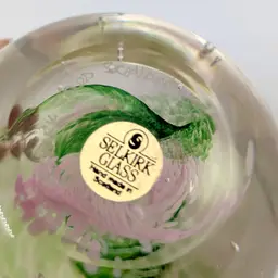 Selkirk Scotland Art Glass Pink & Green Paperweight Signed