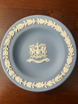 Wedgwood blue jasperware plate with City of London coat of arms. In Box 4.5”