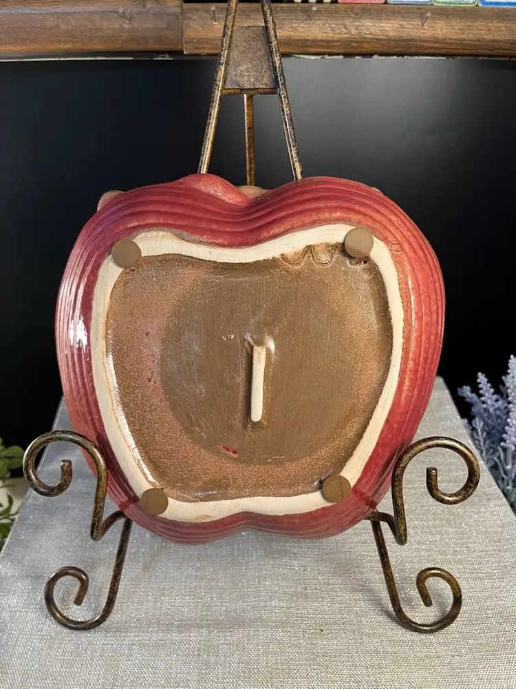 Majolica Pottery-Vintage Apple Pottery Bowl. Glossy Muted Maroon Color w/ 3-Dimensional Design on Rim-Includes Branch, Green Leaves & a Small Red Apple