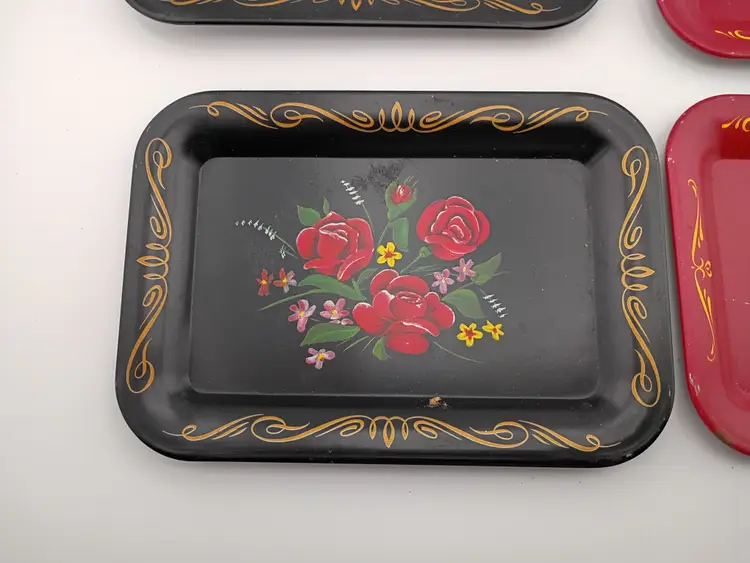 6 vintage painted toleware snack trays