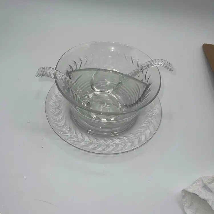 Vintage Glass Mayonnaise Bowl Underplate 2 Ladles Etched Divided Beautiful