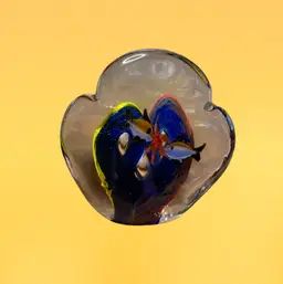 22. Paperweight Clear with Fish Art Glass Bubbles Scalloped 3-1/2” Tall