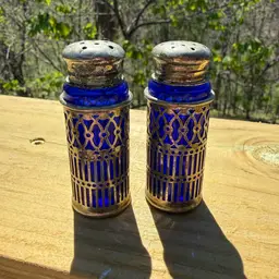 Cobalt Glass Caged Silver Plate Japan Salt & Pepper Shakers 3”