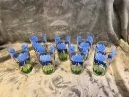 Vintage Set 7 Anchor Hocking Blue Iris Flower Drinking Glasses Tumbler Juice Cup