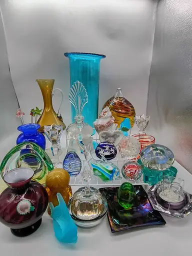 Glass Show paperweight candle holders and more