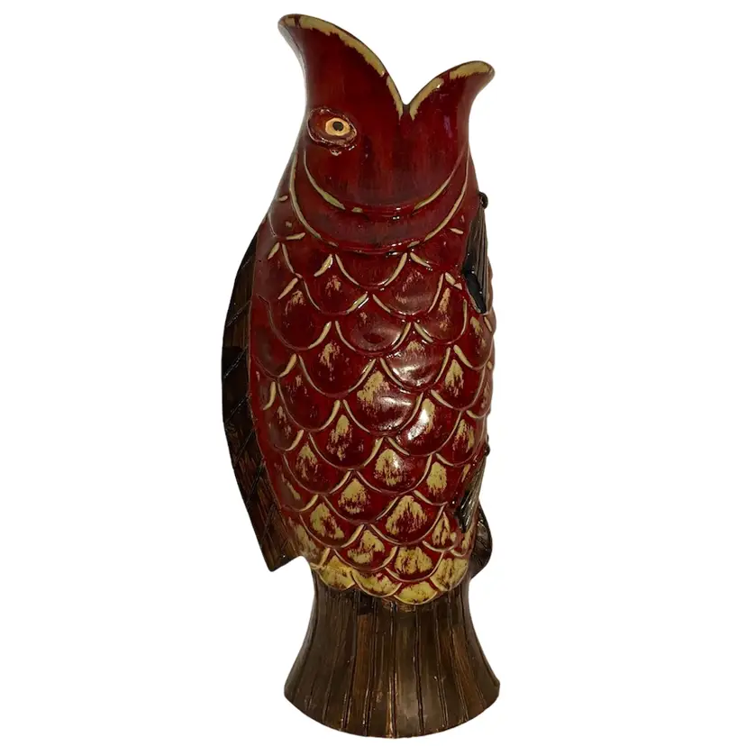 Vintage Chinese Burgundy Black Tan Glazed Ceramic Koi Fish Large 19” Vase