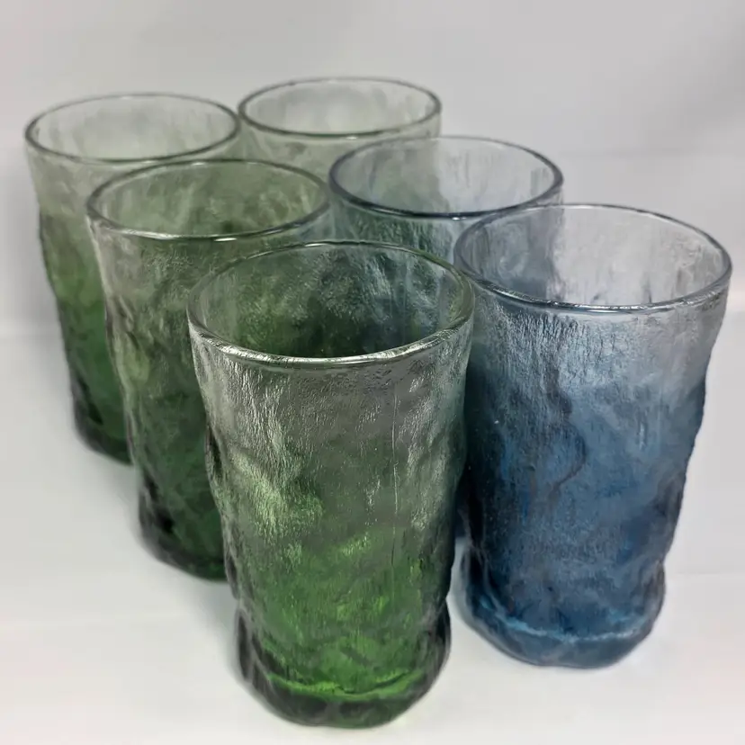 Vtg Ombre Glacier Highball Glasses Set 6 Blue Green Ice Bark Textured Tumbler