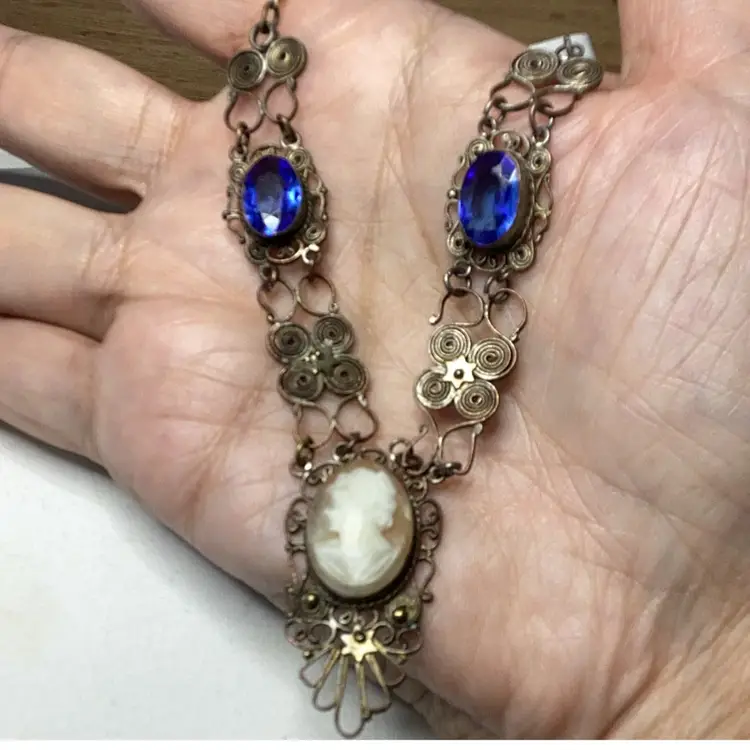 Vintage Victorian Cannetile Work Necklace Shell Carved Cameo Blue Stones Necklace 17”