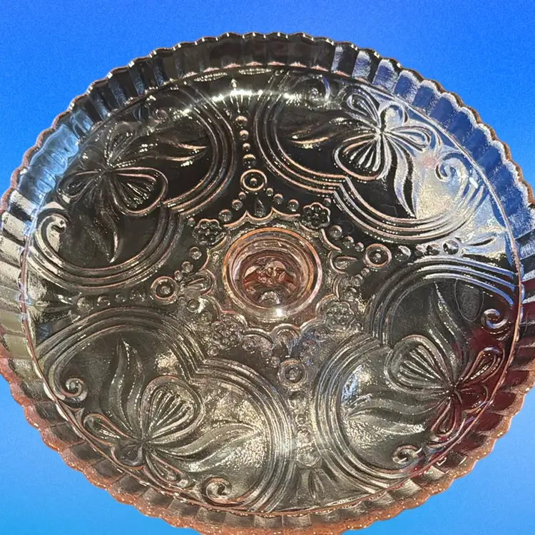 Mosser Inverted Pink Glass Pedestal Cake Stand Scalloped Rimmed Plate