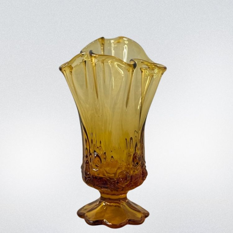 Fenton Vase Handkerchief Amber Glass Cabbage Rose Pattern Pedestal 
6.25”T x  4” W x 4-1/4” L