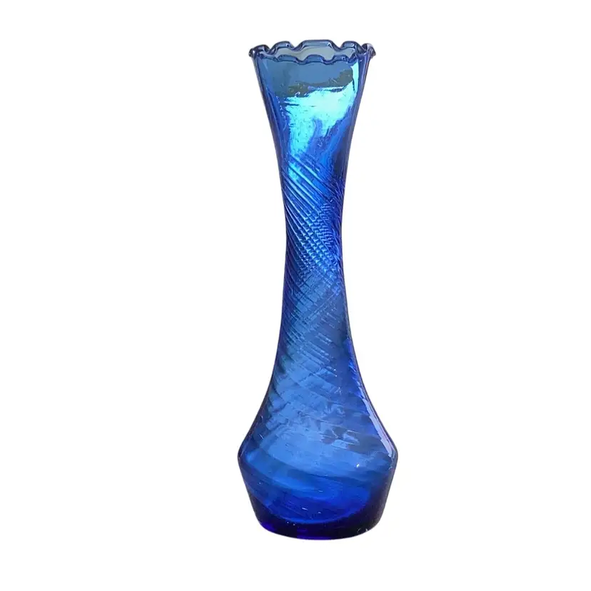 Vintage Handblown Blue Glass Vase With Swirl Optic - 8 Inches Tall