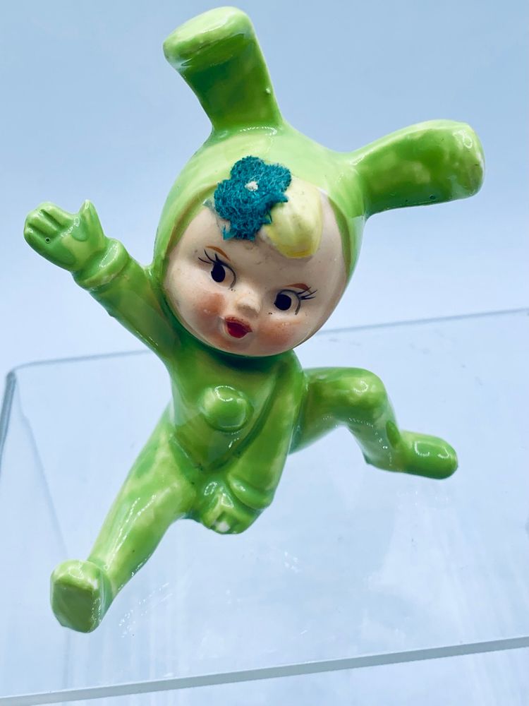 Vintage Easter Bunny Pixie Kitschy Baby Bright Green Figurine Anthropomorphic