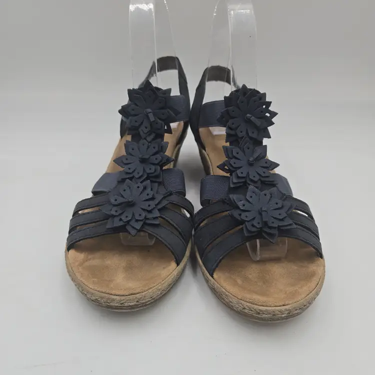 Rieker Wedge Sandals Blue Flower Detail Stretch Strap Womens EU 38 US 7.5