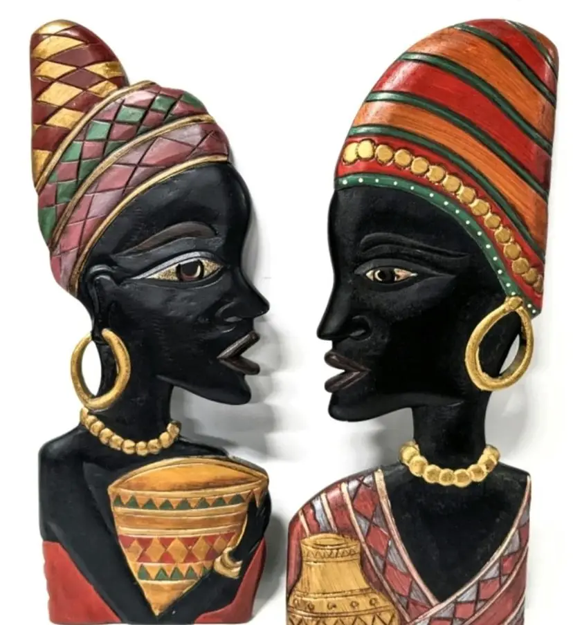 Vintage Pair of Colorful Carved Wooden Wall Plaques