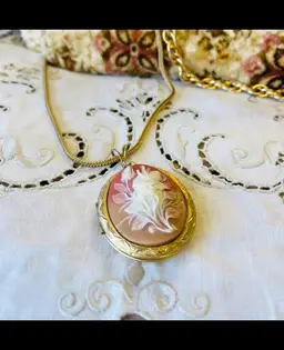 Vintage Cameo Locket Pendant Neck, Avon Daisy Broach, Carpet Clutch W/gold Chain.