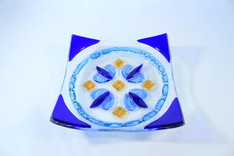 Cobalt Blue Diamond & Spade Fused Glass Art Trinket Dish