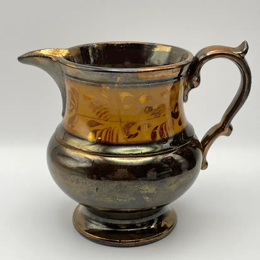 Antique Copper Luster Lusterware Milk Pitcher Creamer With Hand Painted Design
