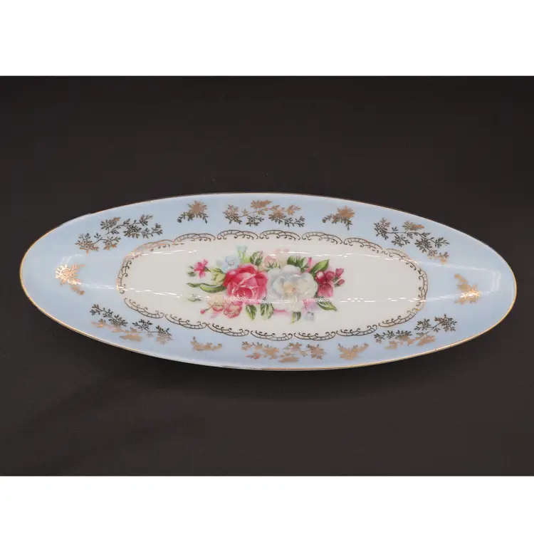 Vintage Arnart 5th Ave Porcelaine Oval Decorative Dish Hand Painted Floral Gold
