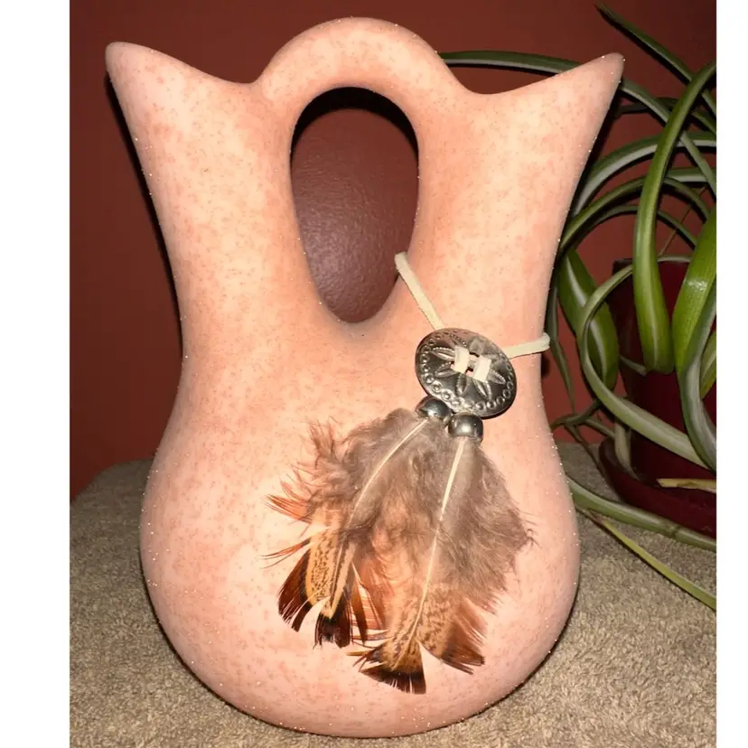 Vintage Native Pottery Wedding Vase Feather Decoration Unmarked 7.75”