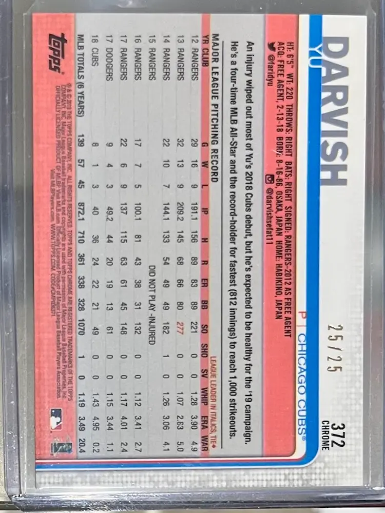 2019 Topps Chrome Sapphire Yu Darvish Orange Parallel Serial #25/25 Chicago Cubs