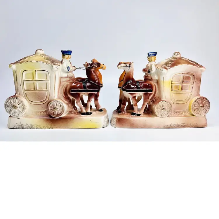 Set of 2 Vintage Tilso Ceramic Bookends Horse and Carriage Victorian Stagecoach