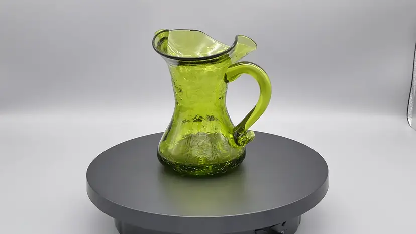 Vintage 60s Kanawha Olive Green Mini Pitcher Blown Crackle Art Glass Pinched Spout 4"